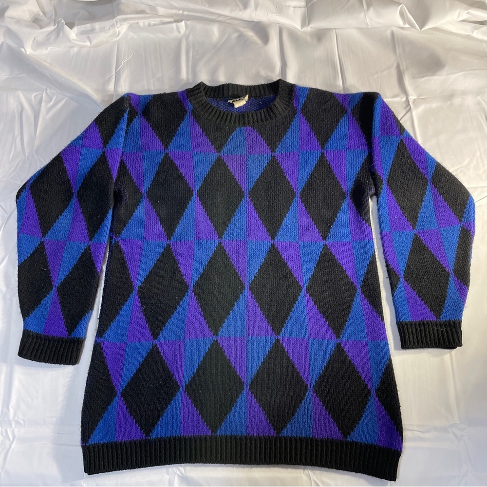 Cuddle Knit Vintage Womens Sweater Large Colorblock Pullover Crewneck Diamond